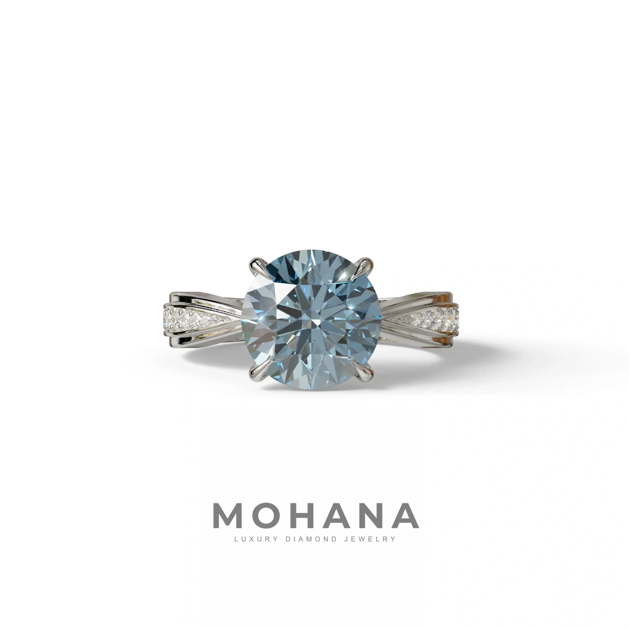2.5 Carat Blue Round Shaped Lab Diamond Ring V-Shank Pave Setting -Je t’adore - 10K Solid Gold / White Gold