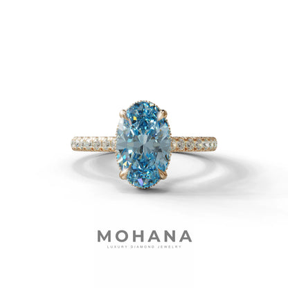 2.5 Carat Blue Oval Hidden Halo & Pave Setting Lab Diamond Ring - Eblouissant - 10K Solid Gold / Rose Gold