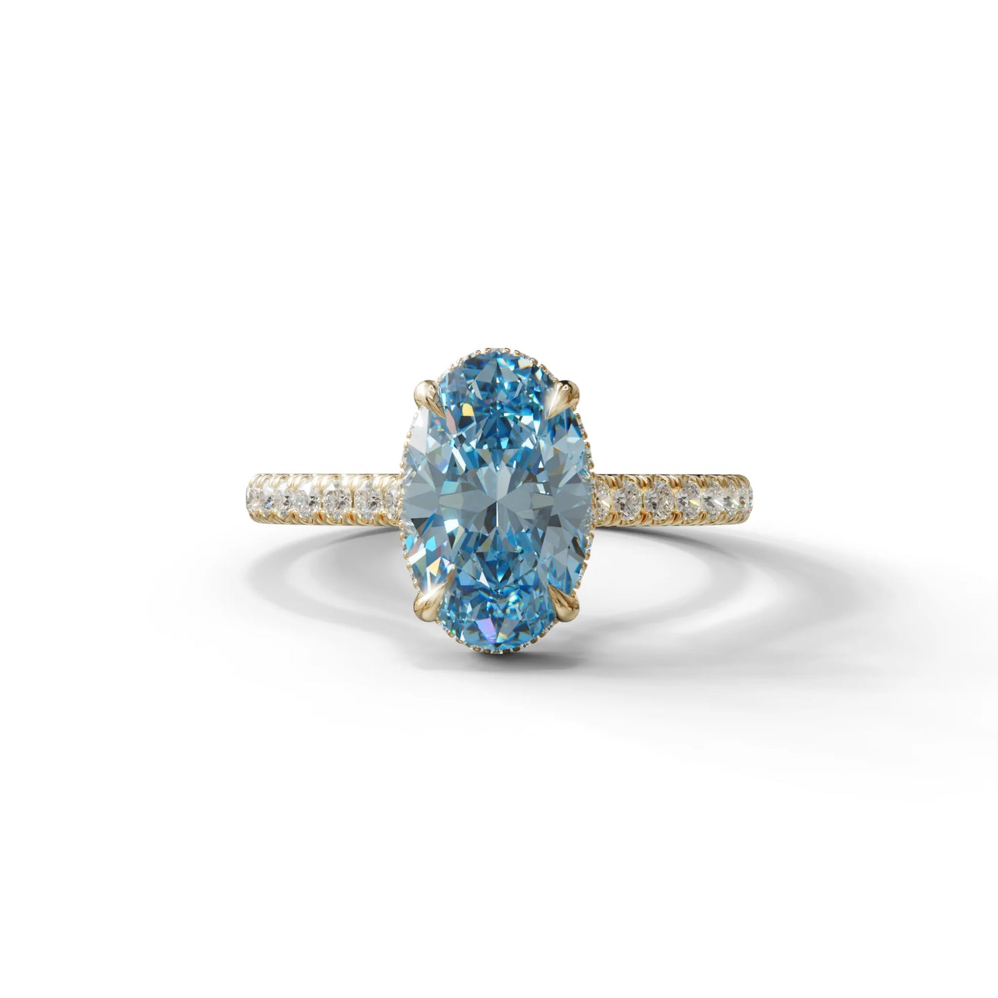2.5 Carat Blue Oval Hidden Halo & Pave Setting Lab Diamond Ring - Eblouissant - 10K Solid Gold / Yellow Gold