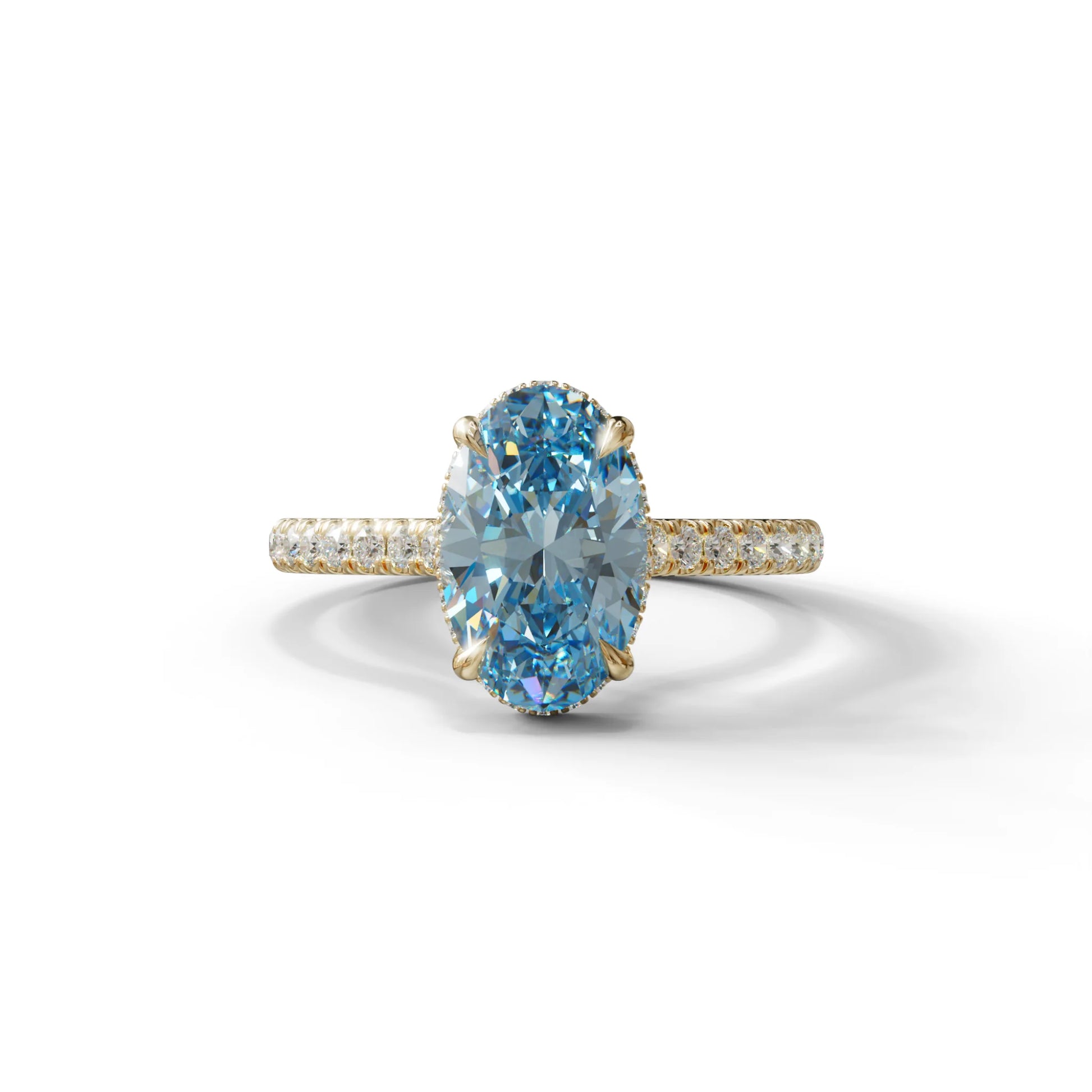 2.5 Carat Blue Oval Hidden Halo & Pave Setting Lab Diamond Ring - Eblouissant - 10K Solid Gold / Yellow Gold