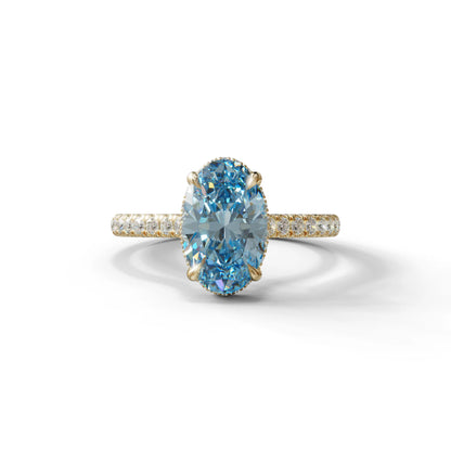 2.5 Carat Blue Oval Hidden Halo & Pave Setting Lab Diamond Ring - Eblouissant - 10K Solid Gold / Yellow Gold