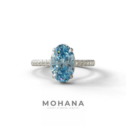 2.5 Carat Blue Oval Hidden Halo & Pave Setting Lab Diamond Ring - Eblouissant - 10K Solid Gold / White Gold