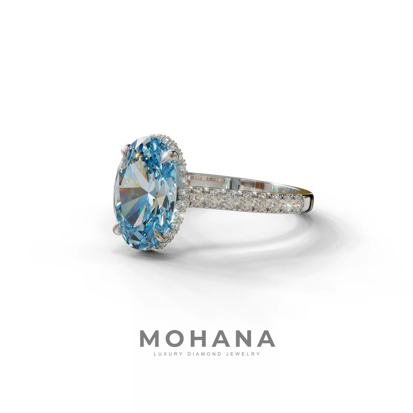2.5 Carat Blue Oval Hidden Halo & Pave Setting Lab Diamond Ring - Eblouissant