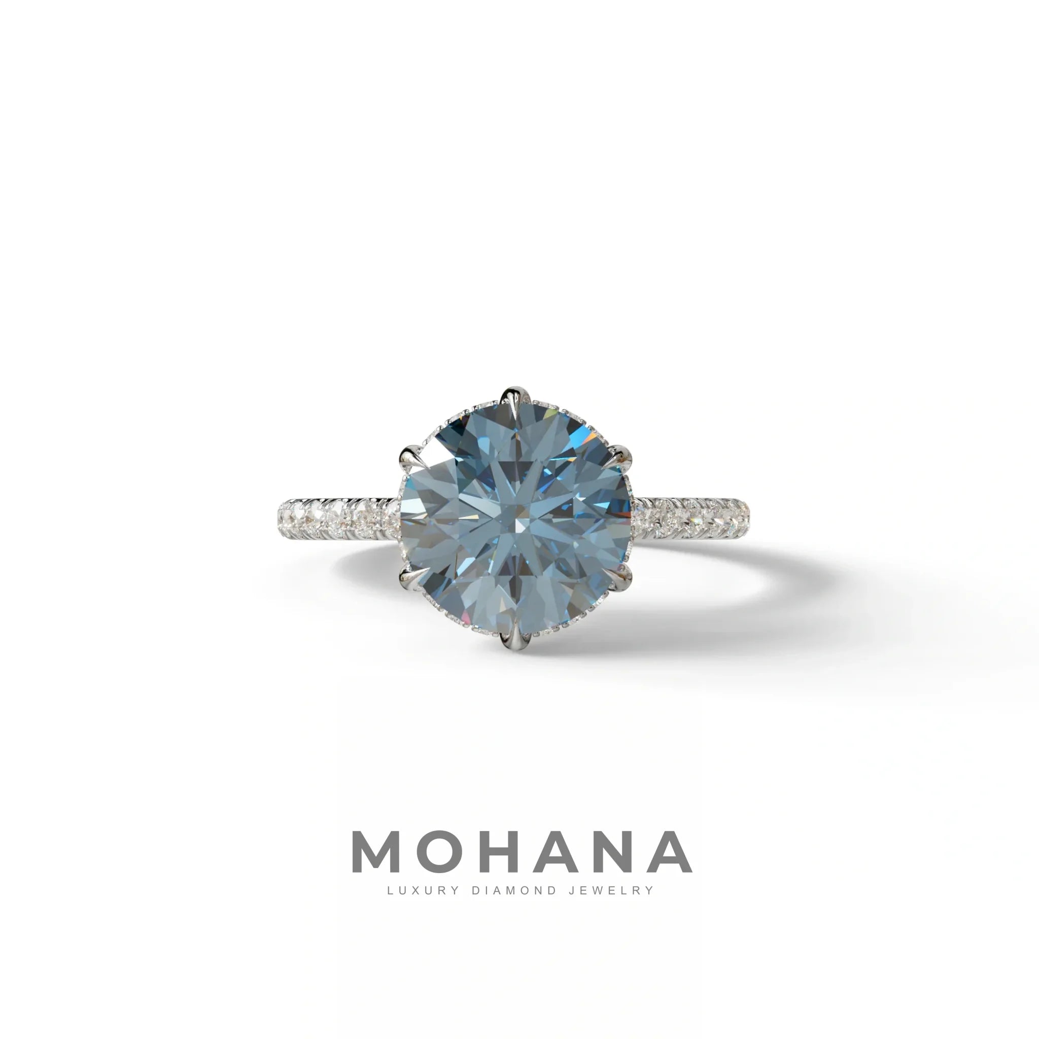 2.5 Carat Blue Round Cut Hidden Halo & Pave Lab Diamond Ring - Hyper Saga - 10K Solid Gold / White Gold