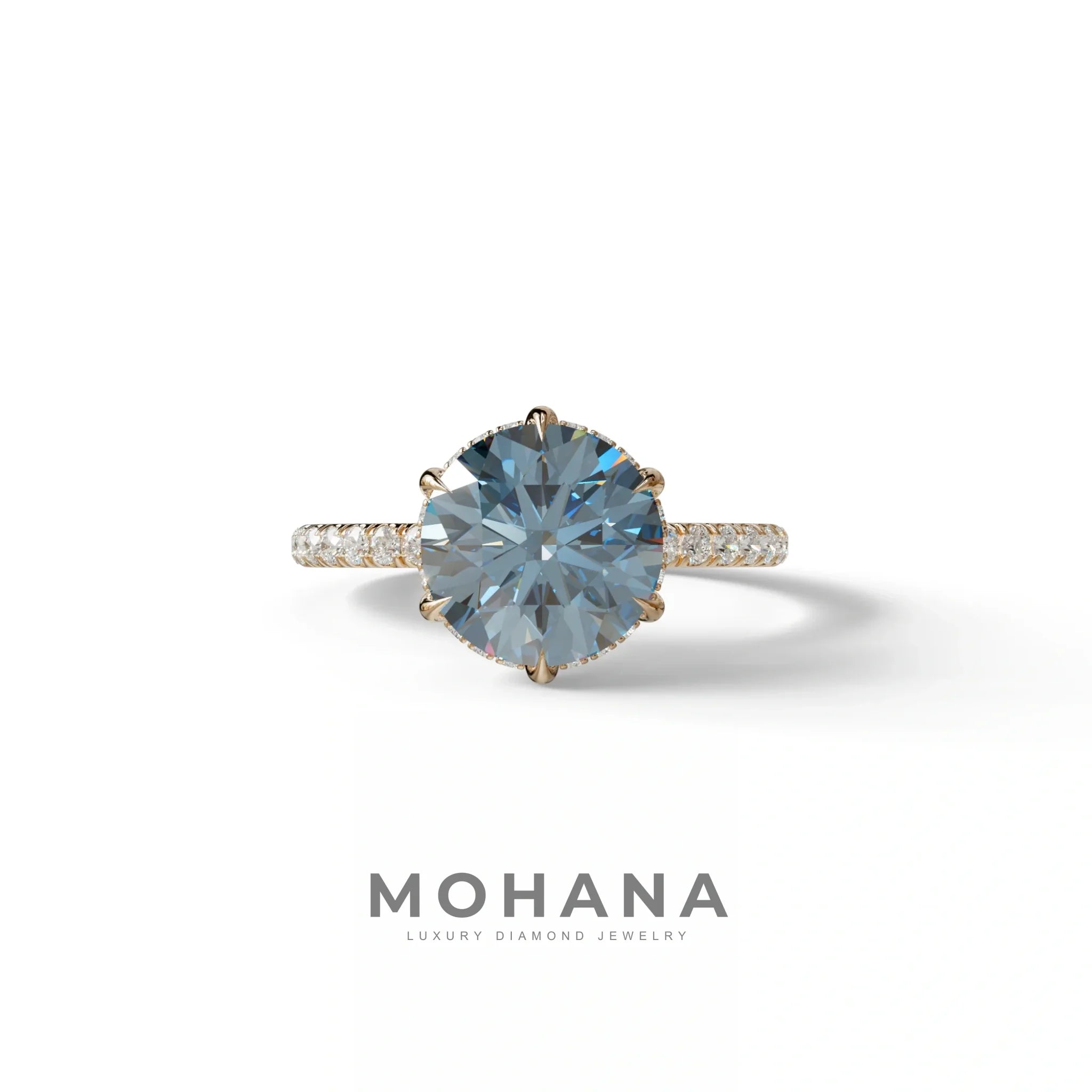 2.5 Carat Blue Round Cut Hidden Halo & Pave Lab Diamond Ring - Hyper Saga - 10K Solid Gold / Rose Gold