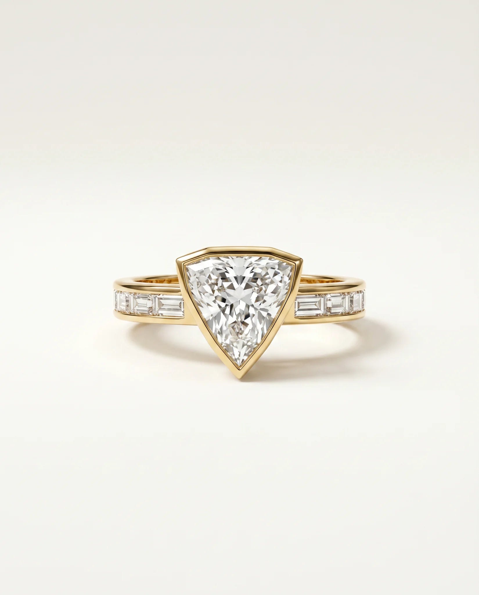 Ready to Ship 2.5 Carat Colorless Shield Cut Tapered Baguette Yellow Gold Diamond Ring — view 1