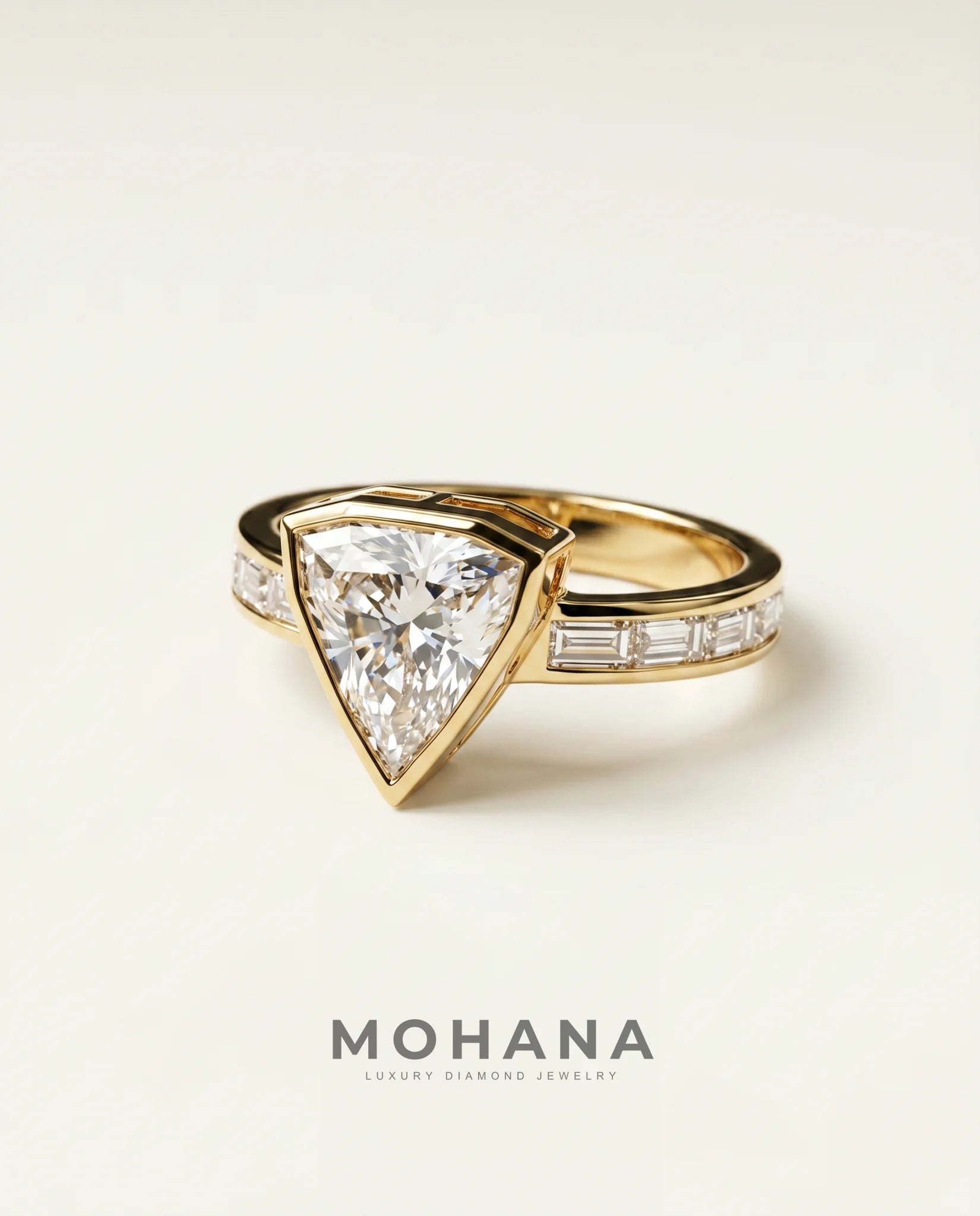 Ready to Ship 2.5 Carat Colorless Shield Cut Tapered Baguette Yellow Gold Diamond Ring — view 3