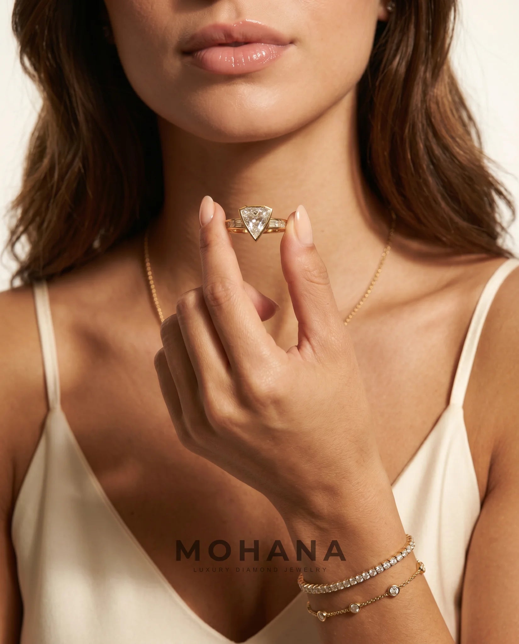 Ready to Ship 2.5 Carat Colorless Shield Cut Tapered Baguette Yellow Gold Diamond Ring — view 6