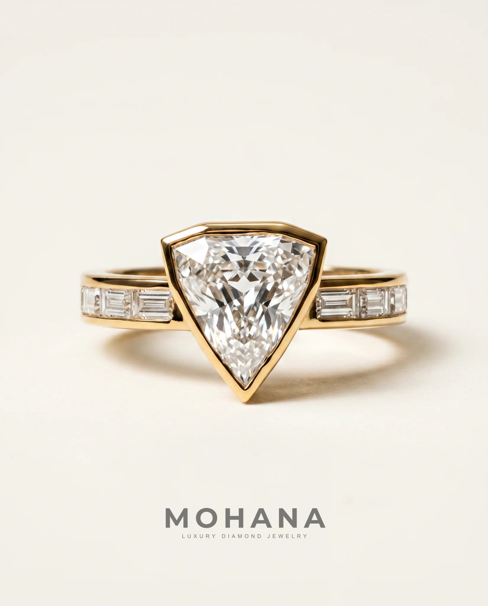 Ready to Ship 2.5 Carat Colorless Shield Cut Tapered Baguette Yellow Gold Diamond Ring — view 2