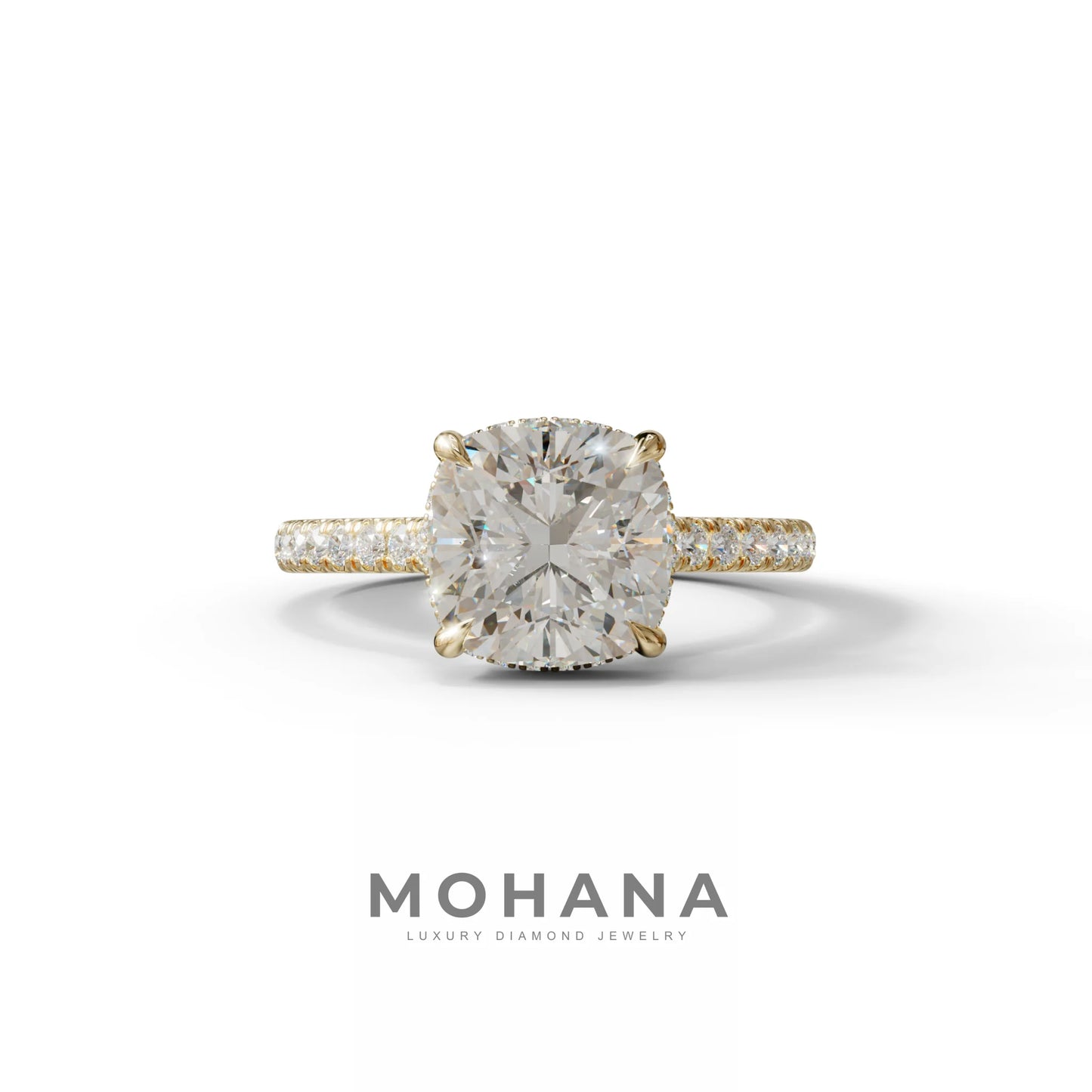 E VVS 2.5 Carat Cushion Cut Hidden Halo & Pave Lab Diamond Ring - Éblouissant - 10K Solid Gold / Yellow Gold