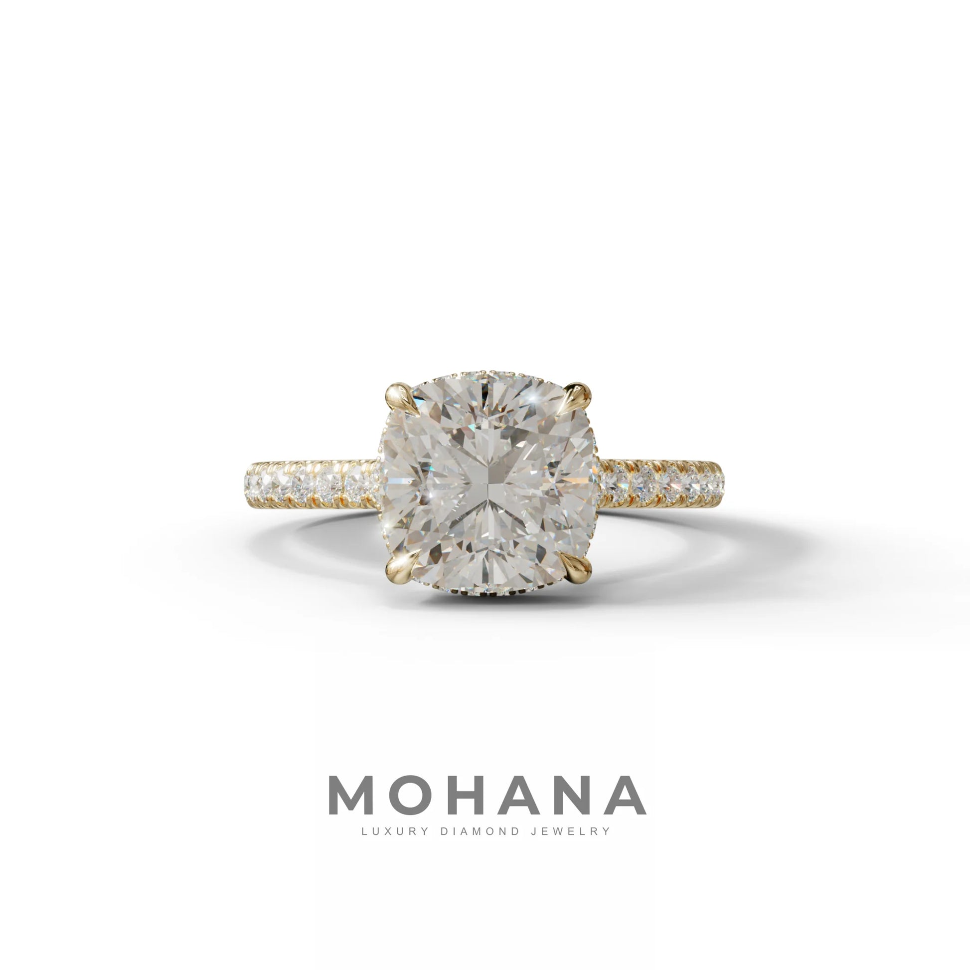 E VVS 2.5 Carat Cushion Cut Hidden Halo & Pave Lab Diamond Ring - Éblouissant - 10K Solid Gold / Yellow Gold