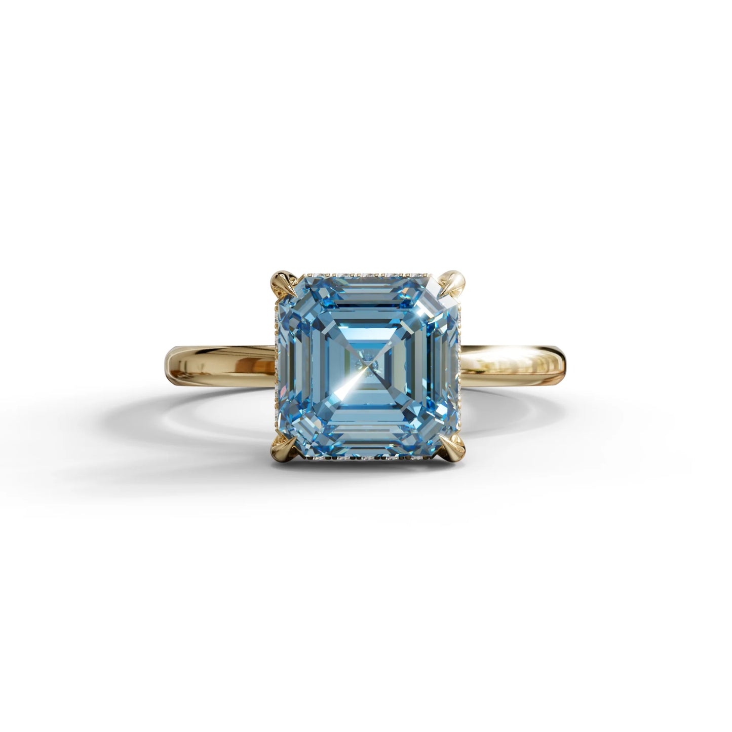 2.5 Carat Blue Asscher Cut Hidden Halo Setting Lab Grown Diamond Ring - 10K Solid Gold / Yellow Gold