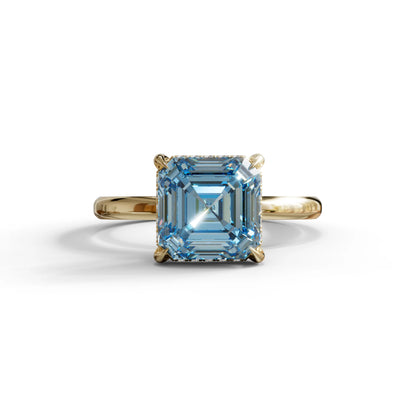 2.5 Carat Blue Asscher Cut Hidden Halo Setting Lab Grown Diamond Ring - 10K Solid Gold / Yellow Gold