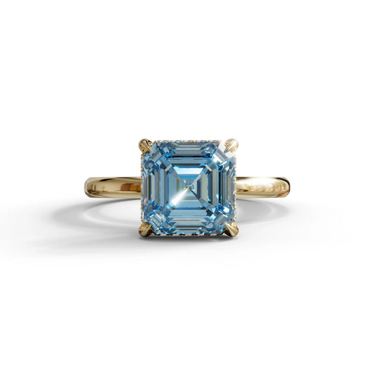 2.5 Carat Blue Asscher Cut Hidden Halo Setting Lab Grown Diamond Ring - 10K Solid Gold / Yellow Gold