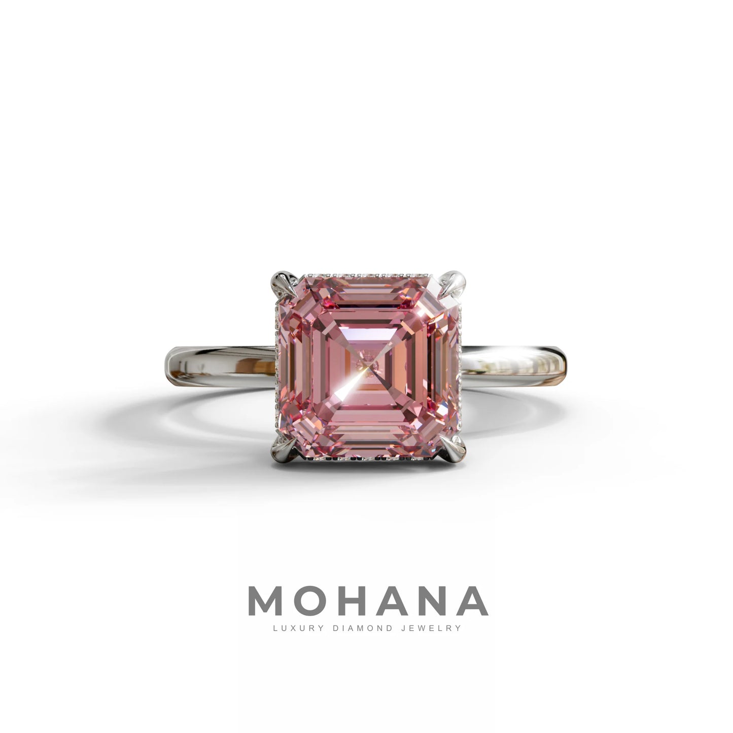 2.5 Carat Pink Asscher Cut Hidden Halo Setting Lab Grown Diamond Ring - 10K Solid Gold / White Gold
