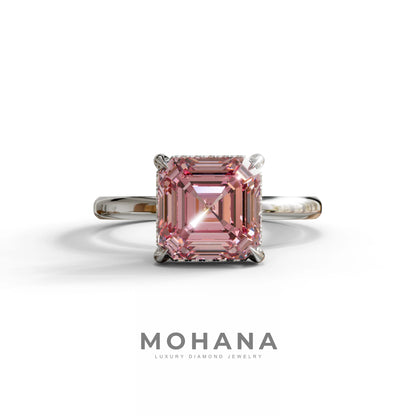 2.5 Carat Pink Asscher Cut Hidden Halo Setting Lab Grown Diamond Ring - 10K Solid Gold / White Gold