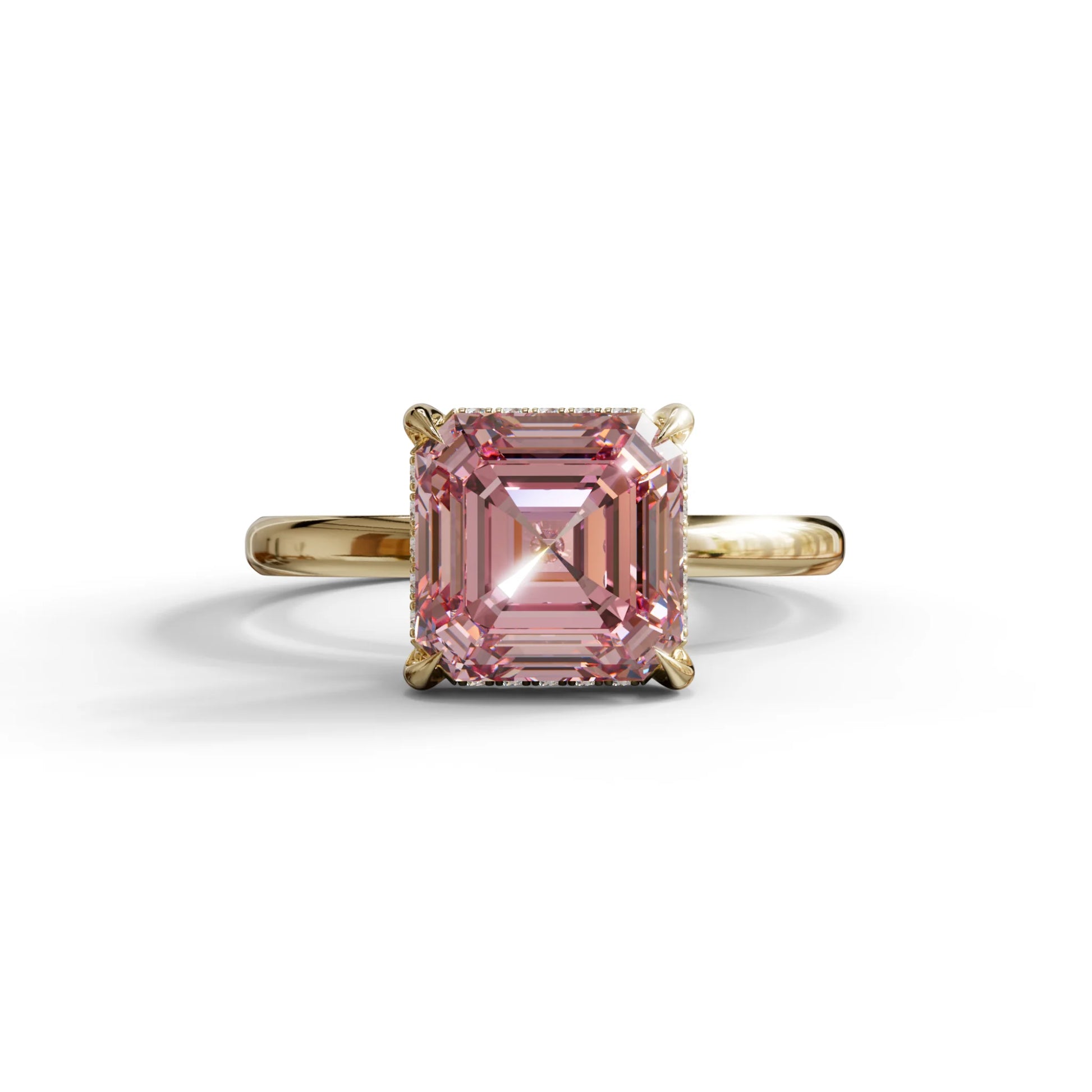 2.5 Carat Pink Asscher Cut Hidden Halo Setting Lab Grown Diamond Ring - 10K Solid Gold / Yellow Gold
