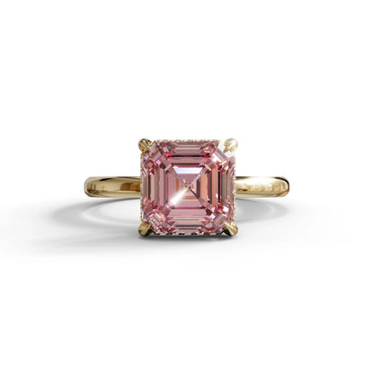 2.5 Carat Pink Asscher Cut Hidden Halo Setting Lab Grown Diamond Ring - 10K Solid Gold / Yellow Gold