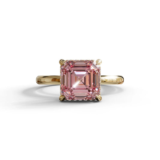 2.5 Carat Pink Asscher Cut Hidden Halo Setting Lab Grown Diamond Ring - 10K Solid Gold / Yellow Gold