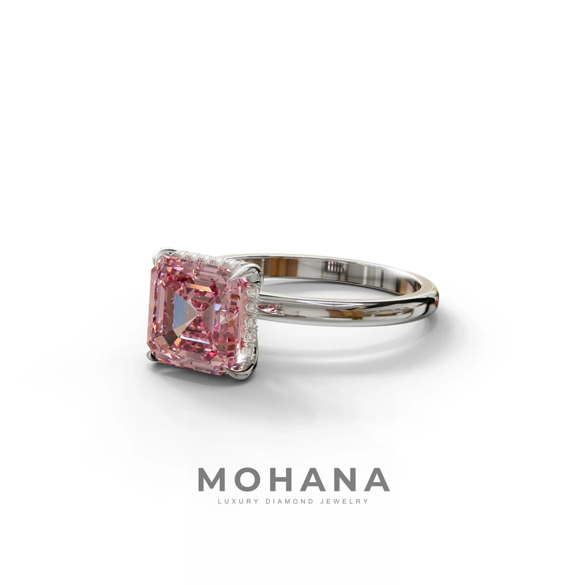 2.5 Carat Pink Asscher Cut Hidden Halo Setting Lab Grown Diamond Ring