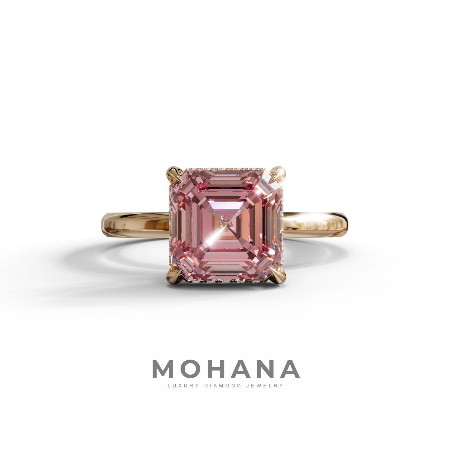 2.5 Carat Pink Asscher Cut Hidden Halo Setting Lab Grown Diamond Ring - 10K Solid Gold / Rose Gold