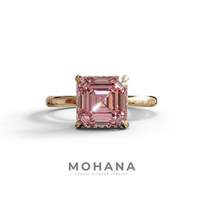 2.5 Carat Pink Asscher Cut Hidden Halo Setting Lab Grown Diamond Ring - 10K Solid Gold / Rose Gold