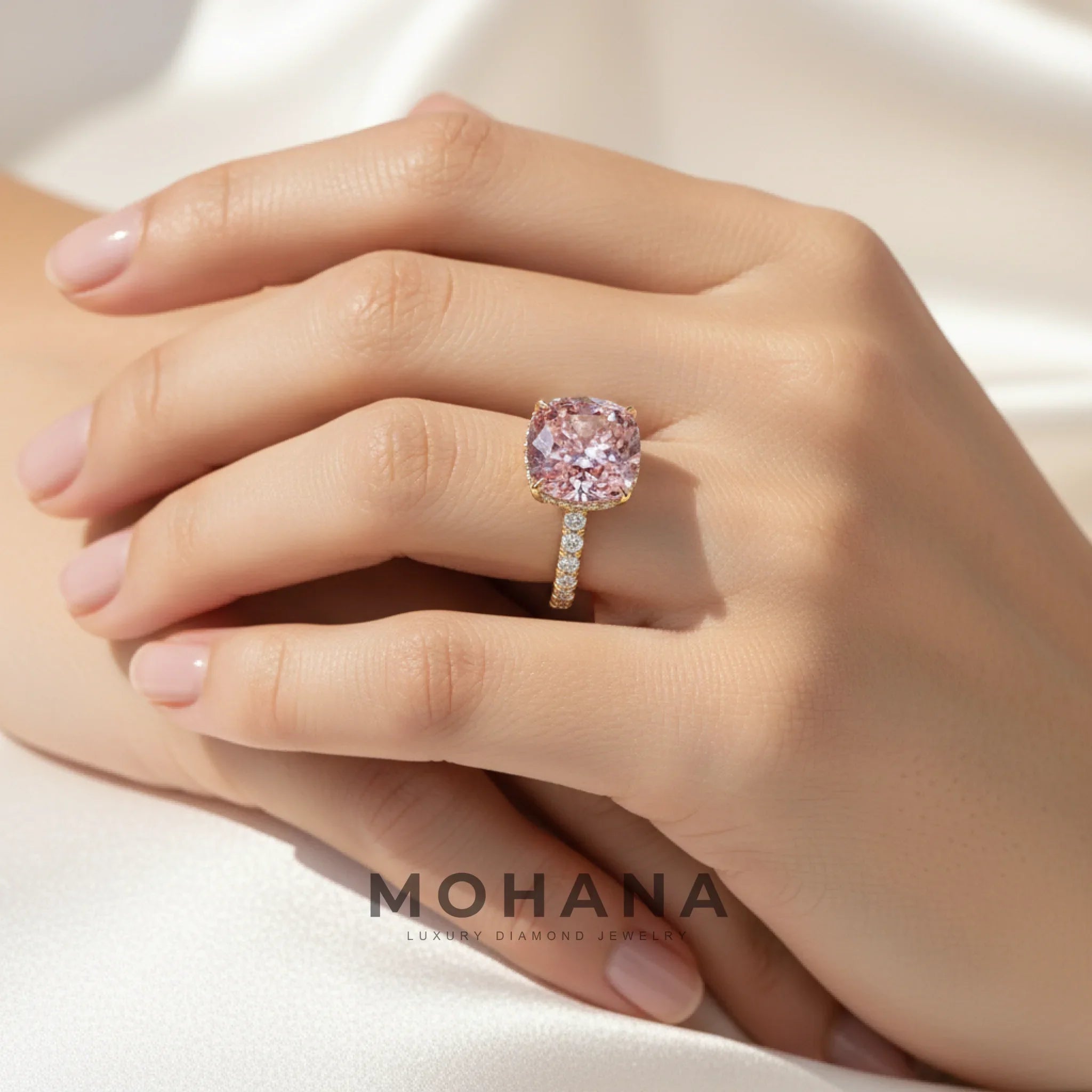 2.5 Carat Fancy Pink Cushion Cut Hidden Halo & Pave Lab Grown Diamond Ring