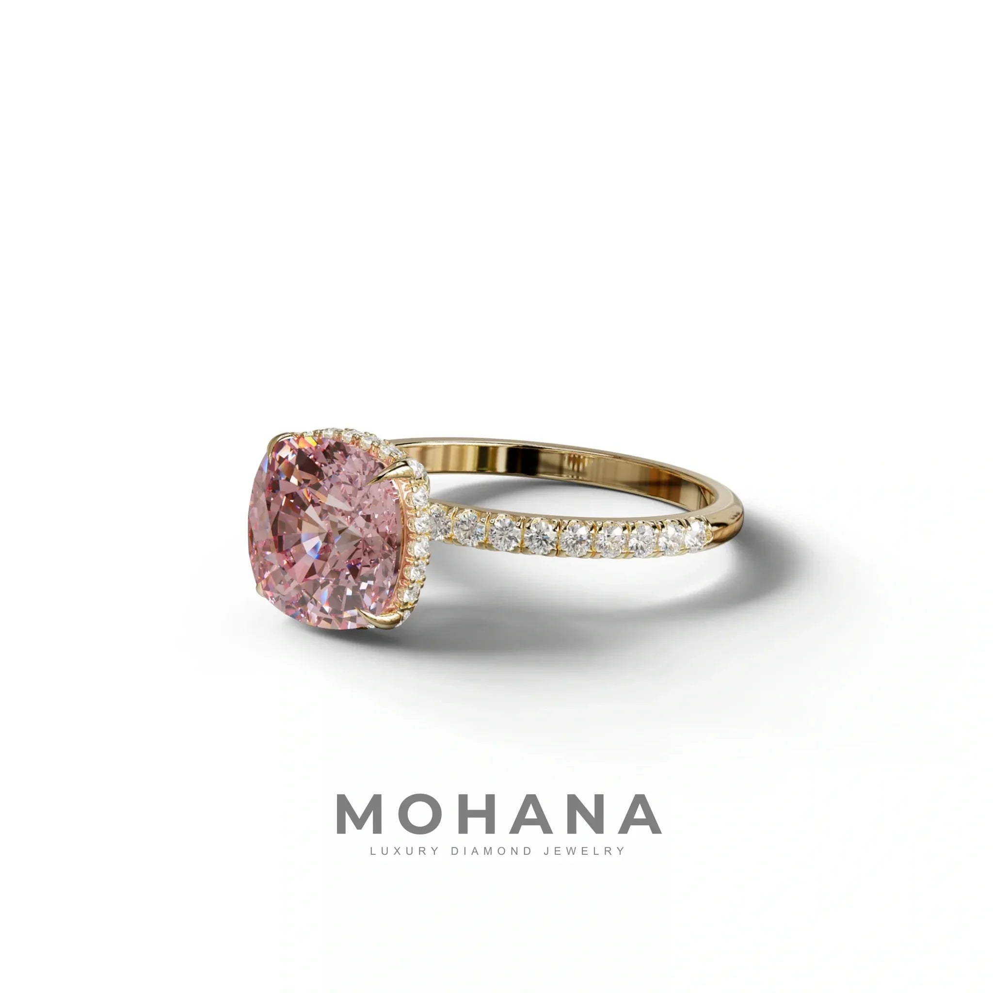 2.5 Carat Pink Cushion Cut Hidden Halo & Pave Lab Grown Diamond Ring