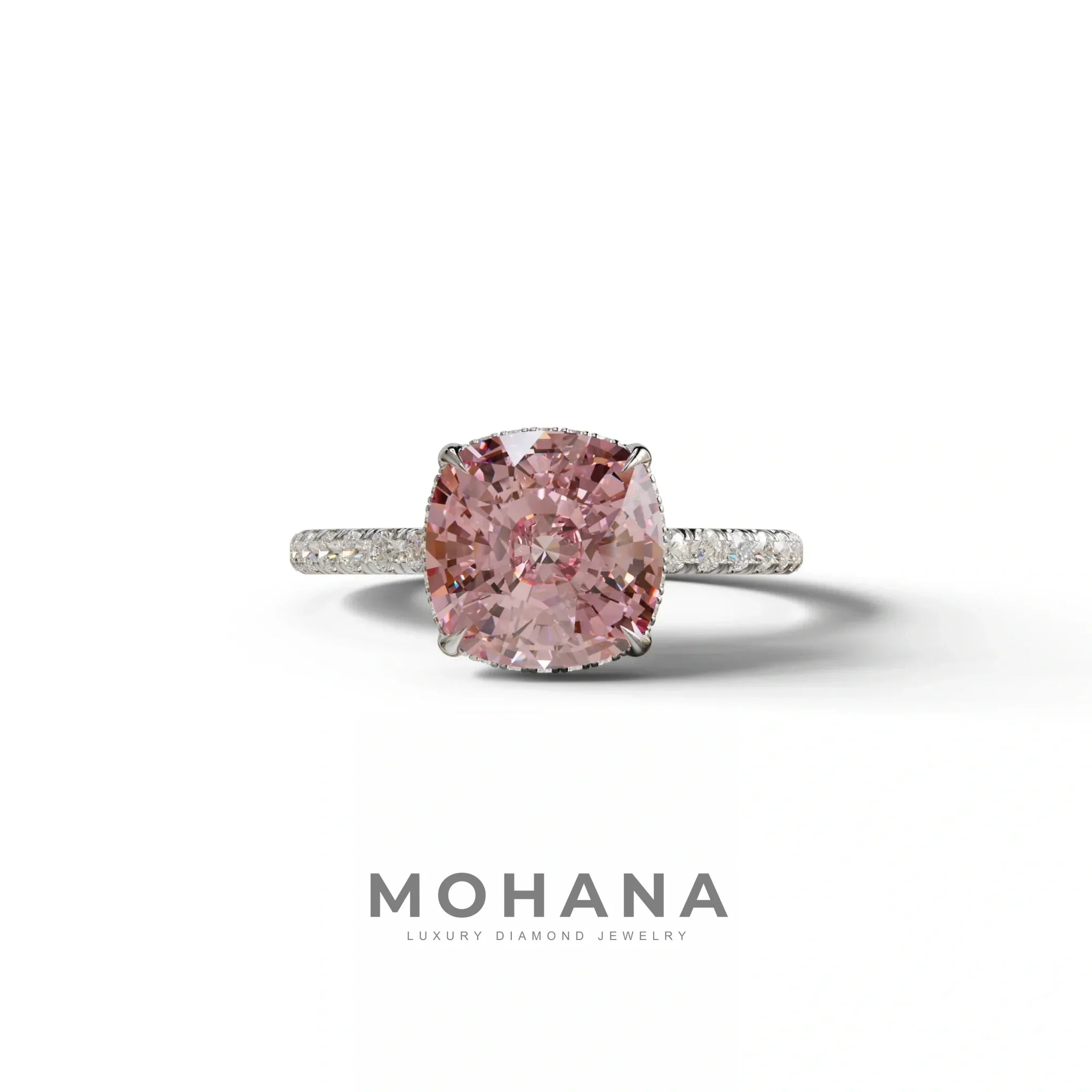 2.5 Carat Pink Cushion Cut Hidden Halo & Pave Lab Grown Diamond Ring - 10K Solid Gold / White Gold