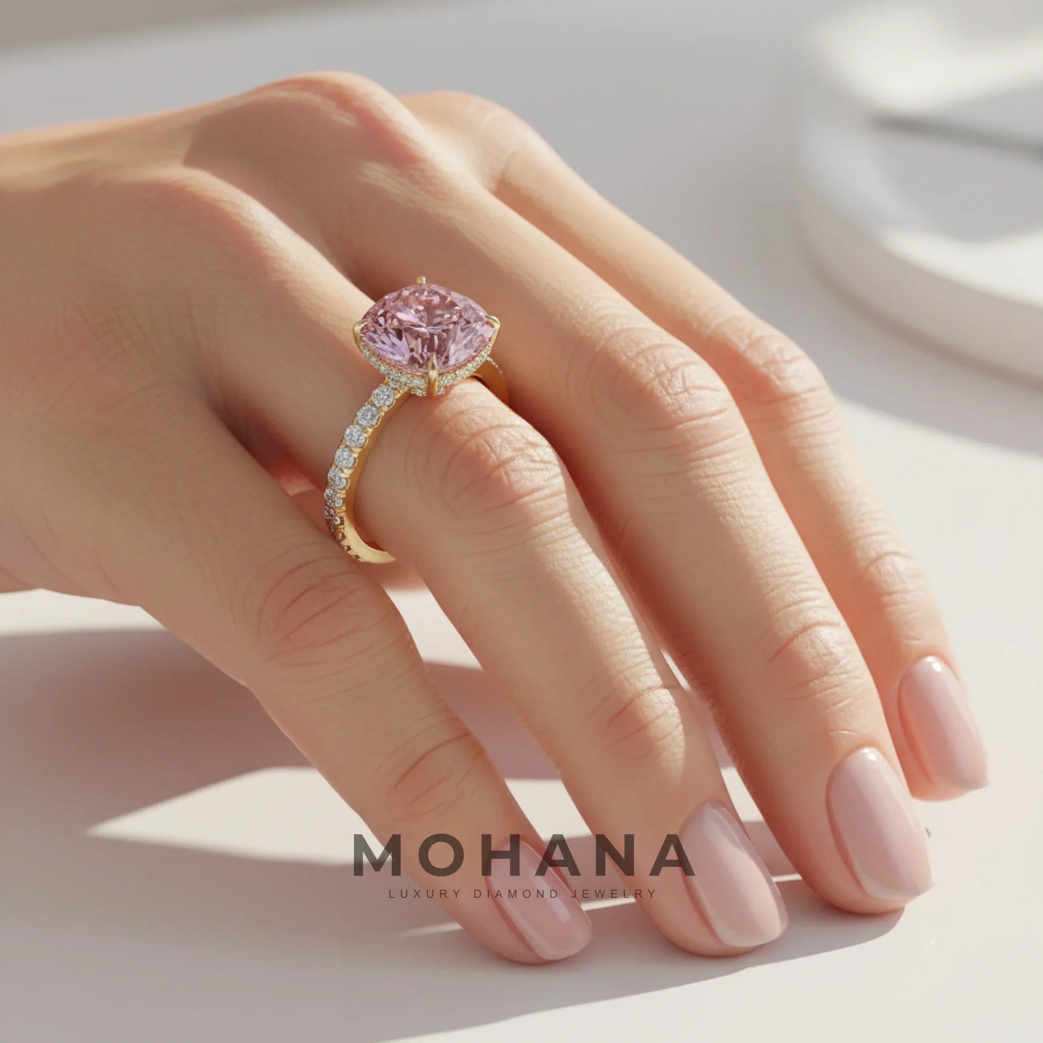 2.5 Carat Fancy Pink Cushion Cut Hidden Halo & Pave Lab Grown Diamond Ring