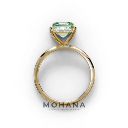 2.5 Carat Green Asscher Cut Hidden Halo Setting Lab Grown Diamond Ring