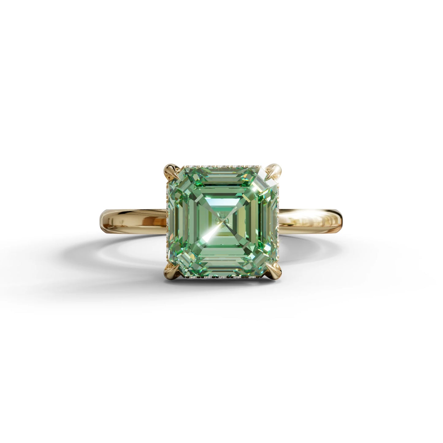 2.5 Carat Green Asscher Cut Hidden Halo Setting Lab Grown Diamond Ring - 10K Solid Gold / Yellow Gold