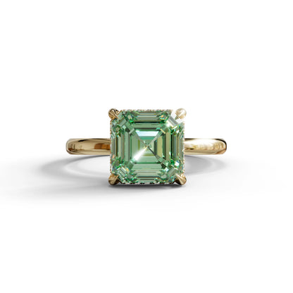 2.5 Carat Green Asscher Cut Hidden Halo Setting Lab Grown Diamond Ring - 10K Solid Gold / Yellow Gold