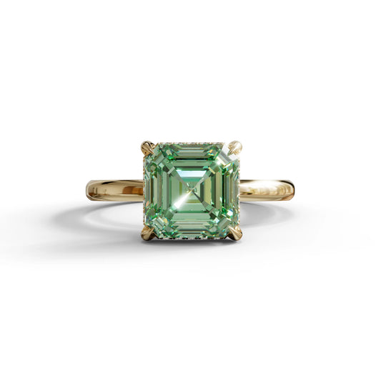 2.5 Carat Green Asscher Cut Hidden Halo Setting Lab Grown Diamond Ring - 10K Solid Gold / Yellow Gold