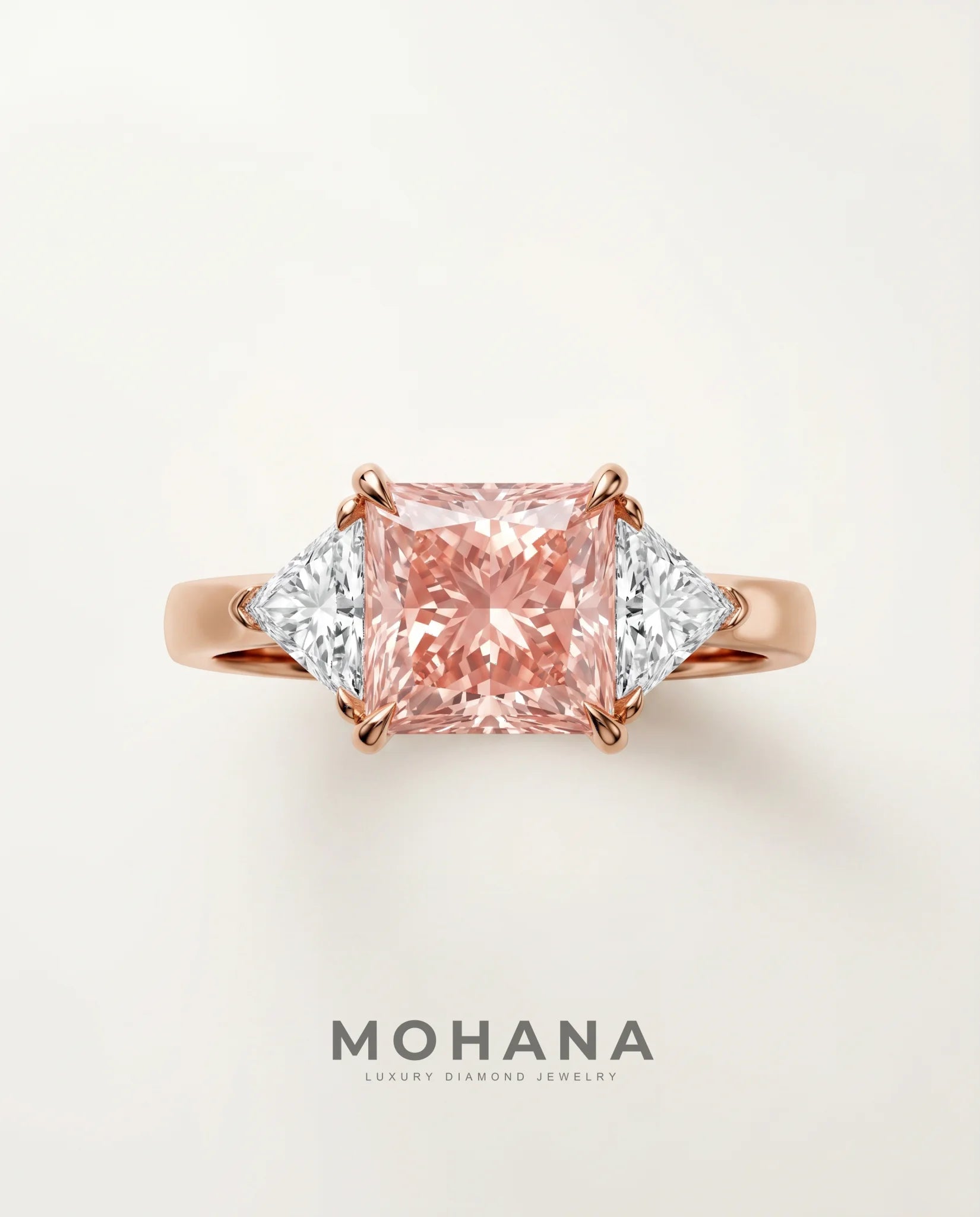 Ready to Ship 2.5 Carat Fancy Vivid Pink Princess Cut Three-Stone Rose Gold Diamond Ring — view 2