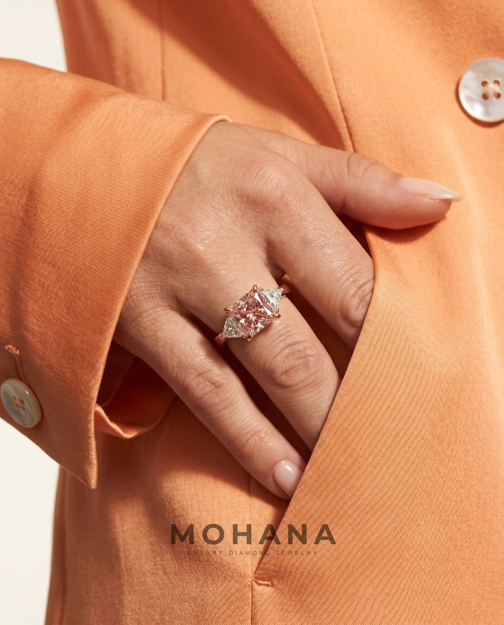 Ready to Ship 2.5 Carat Fancy Vivid Pink Princess Cut Three-Stone Rose Gold Diamond Ring — view 12