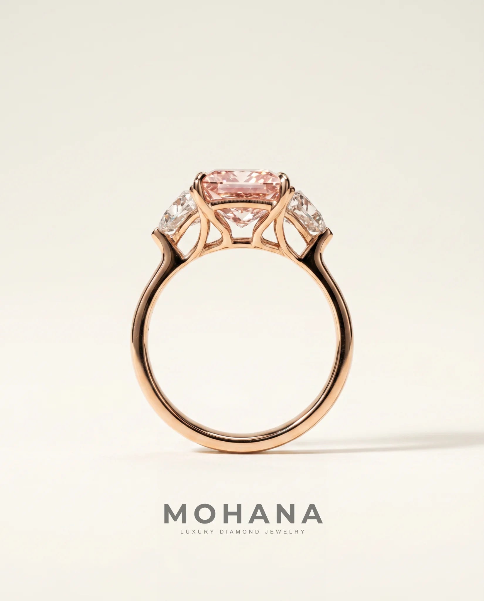 Ready to Ship 2.5 Carat Fancy Vivid Pink Princess Cut Three-Stone Rose Gold Diamond Ring — view 3