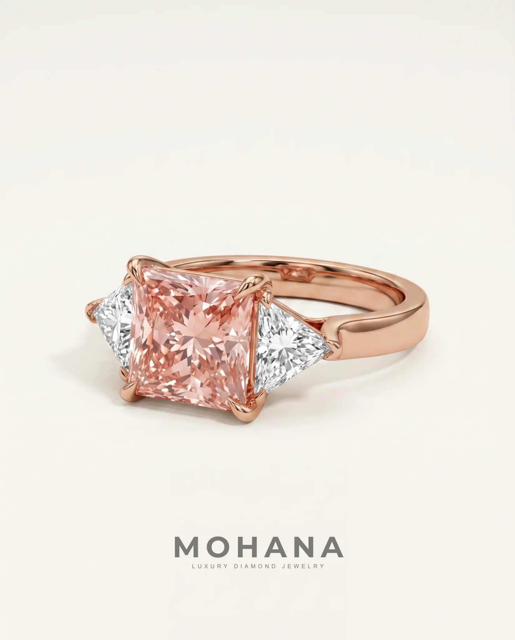Ready to Ship 2.5 Carat Fancy Vivid Pink Princess Cut Three-Stone Rose Gold Diamond Ring — view 4