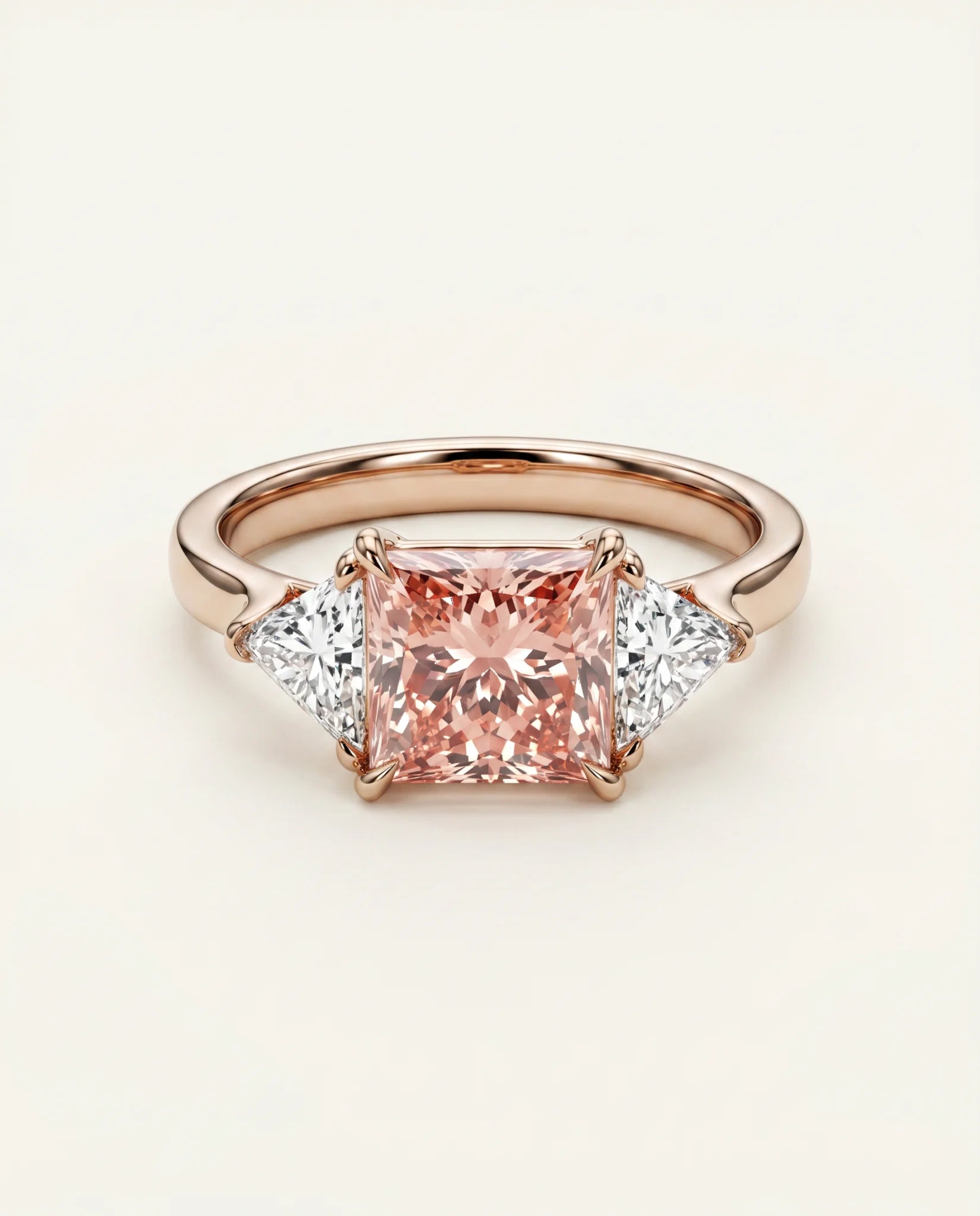 Ready to Ship 2.5 Carat Fancy Vivid Pink Princess Cut Three-Stone Rose Gold Diamond Ring — view 1