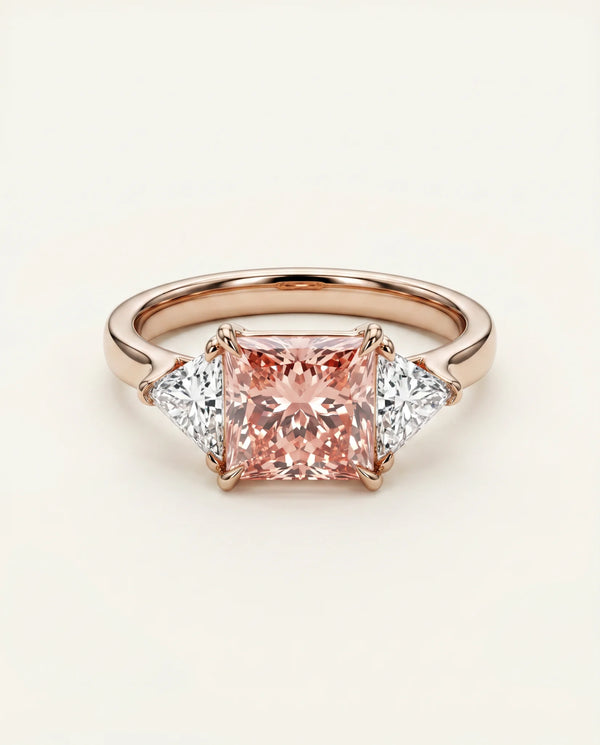 2.5 Carat Fancy Vivid Pink Lab Grown Diamond Engagement Ring · Princess Cut Three-Stone with Trillion Sides