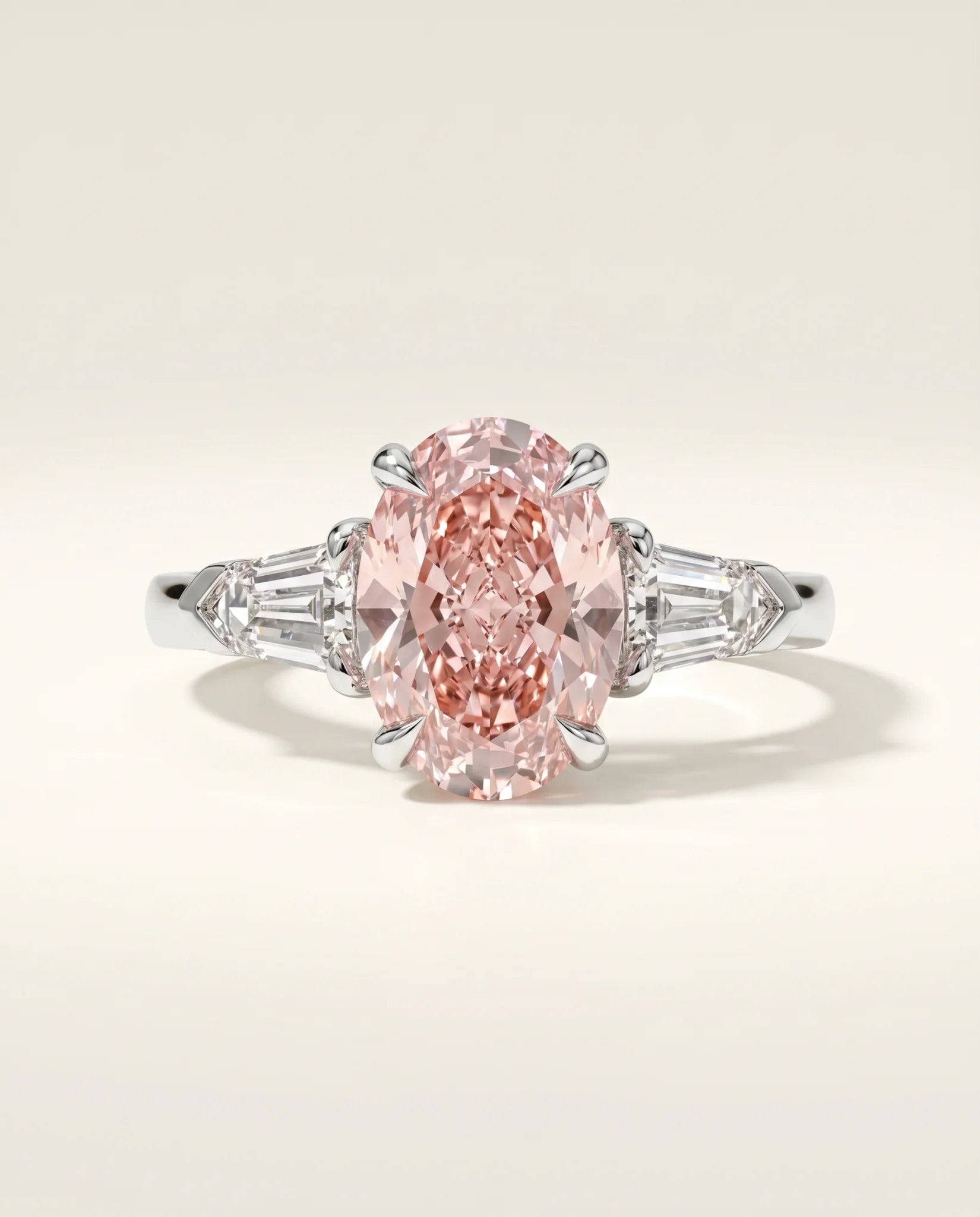 Ready to Ship 2.5 Carat Fancy Vivid Pink Oval Three-Stone Diamond Ring — view 12