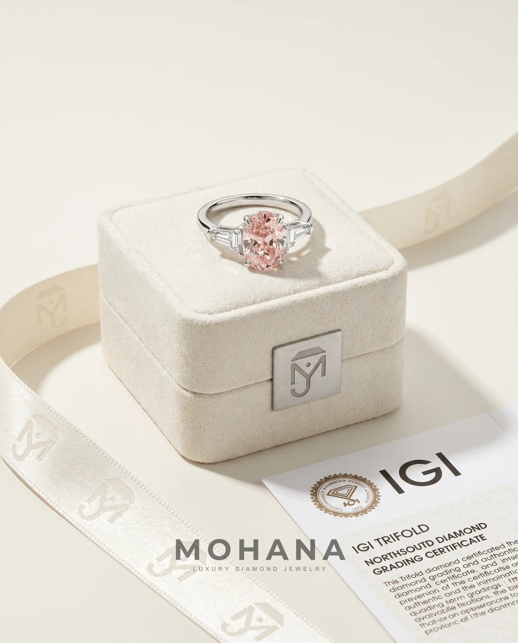 Ready to Ship 2.5 Carat Fancy Vivid Pink Oval Three-Stone Diamond Ring — view 4