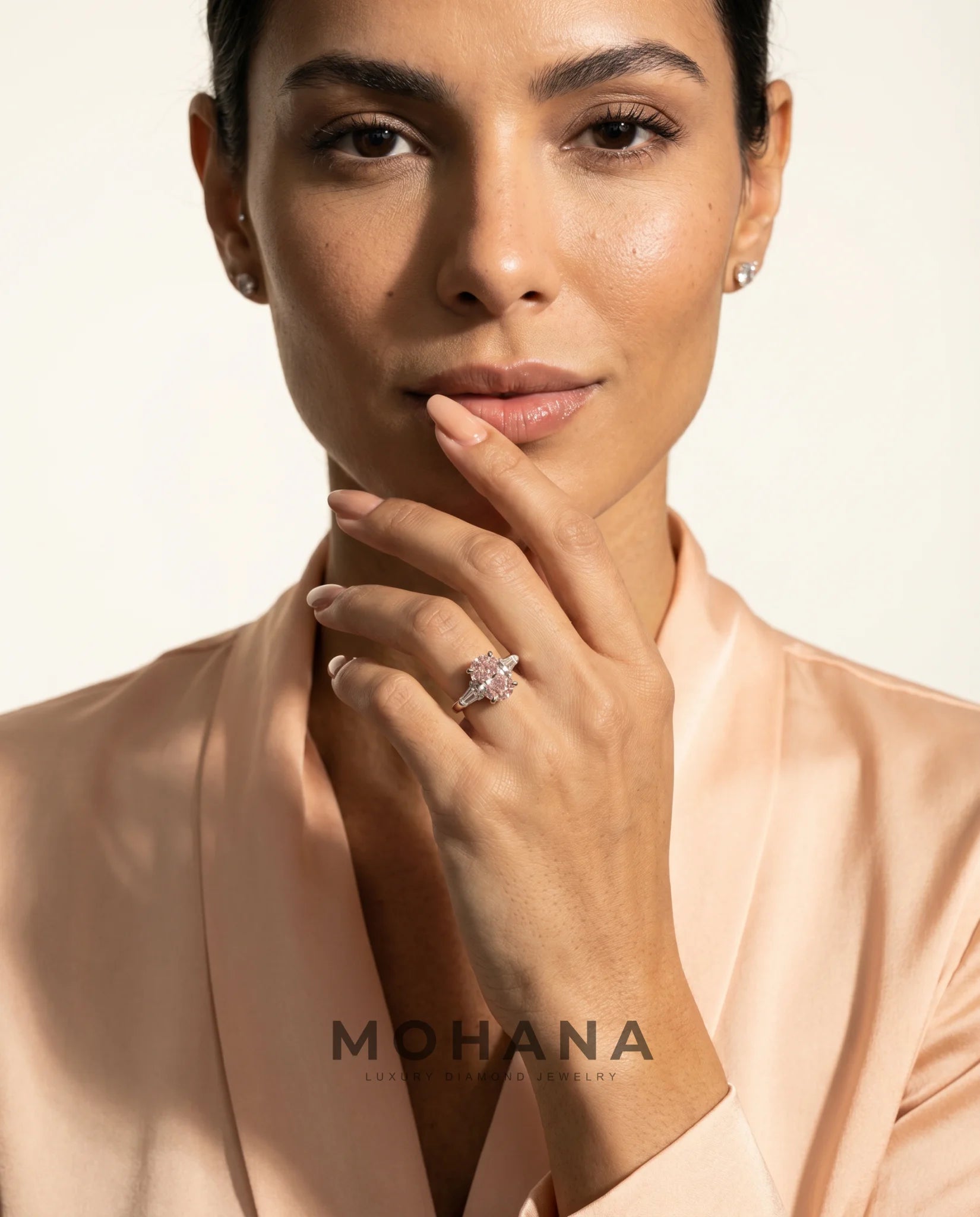 Ready to Ship 2.5 Carat Fancy Vivid Pink Oval Three-Stone Diamond Ring — view 13