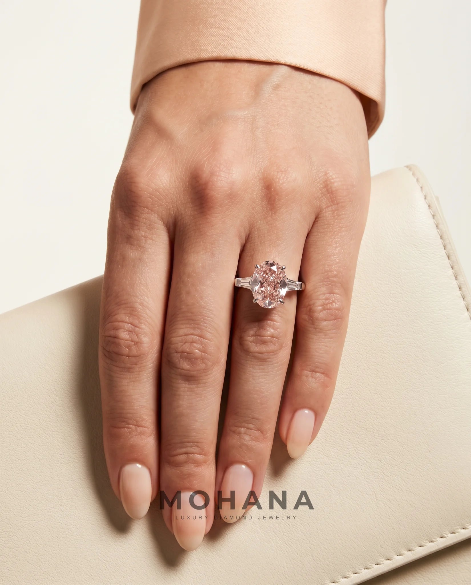 Ready to Ship 2.5 Carat Fancy Vivid Pink Oval Three-Stone Diamond Ring — view 11