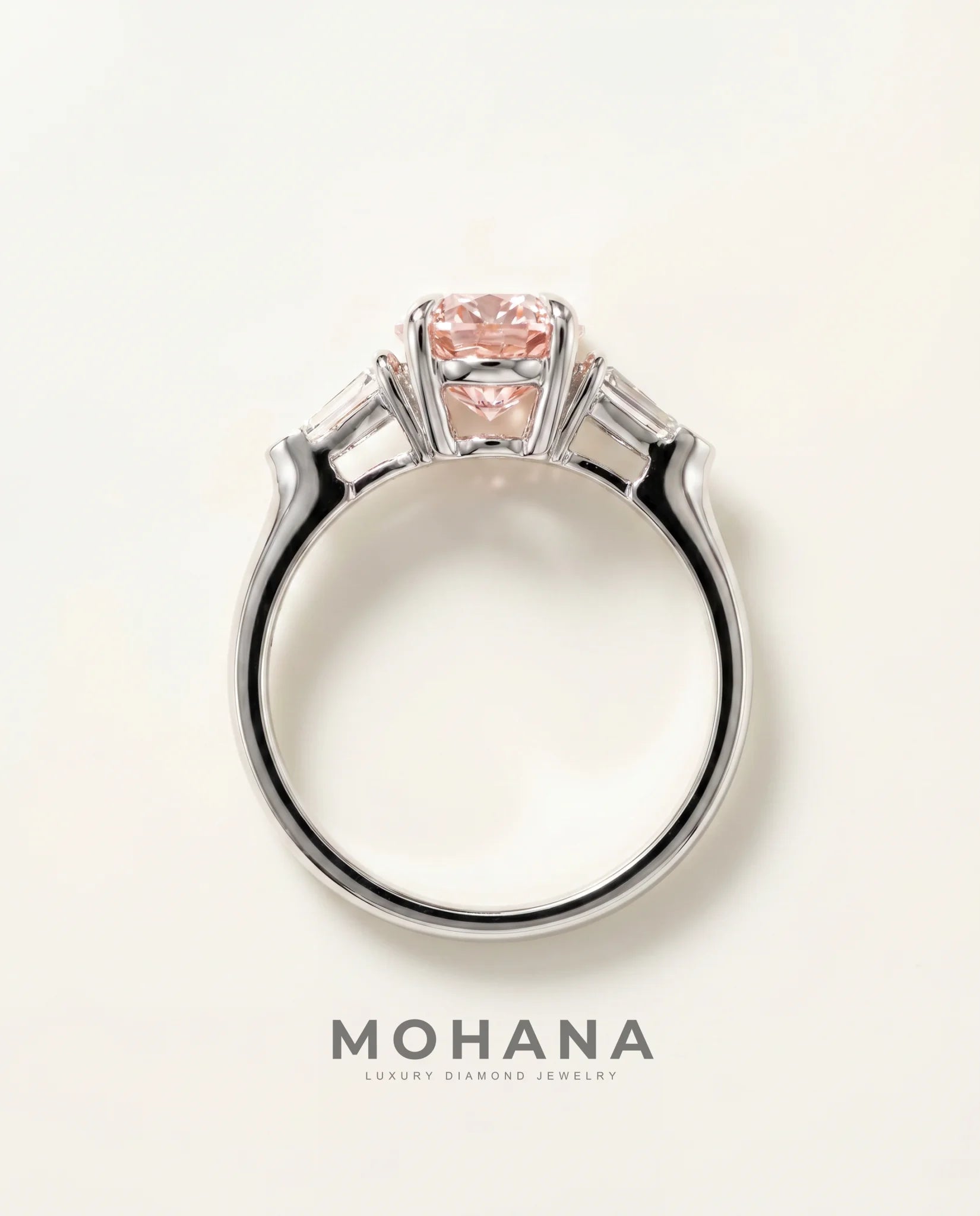 Ready to Ship 2.5 Carat Fancy Vivid Pink Oval Three-Stone Diamond Ring — view 2