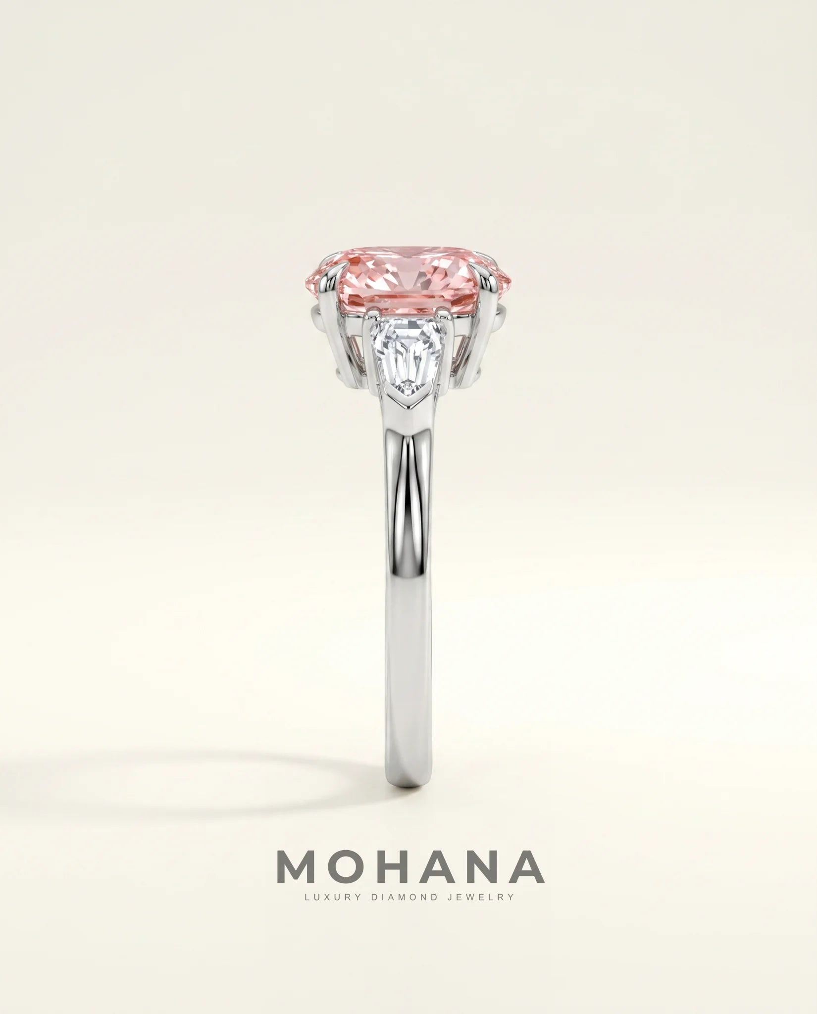 Ready to Ship 2.5 Carat Fancy Vivid Pink Oval Three-Stone Diamond Ring — view 3