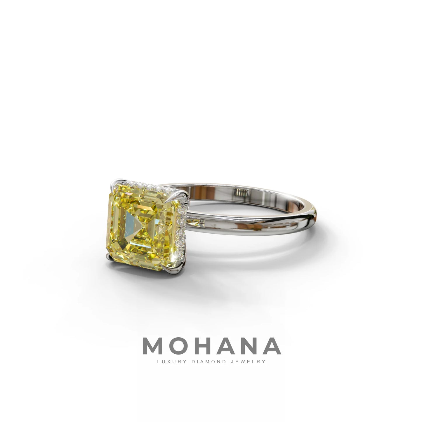 2.5 Carat Yellow Asscher Cut Hidden Halo Setting Lab Grown Diamond Ring