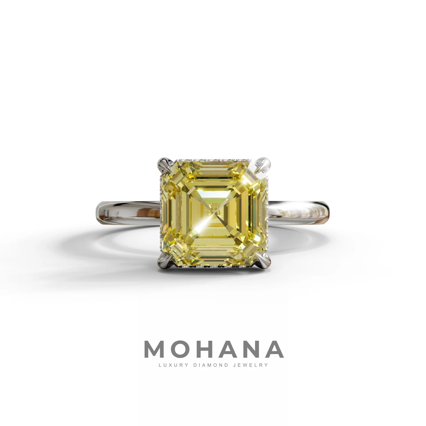 2.5 Carat Yellow Asscher Cut Hidden Halo Setting Lab Grown Diamond Ring - 10K Solid Gold / White Gold