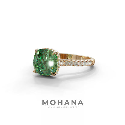2.5 Carat Green Cushion Cut Hidden Halo & Pave Lab Diamond Ring - Éblouissant