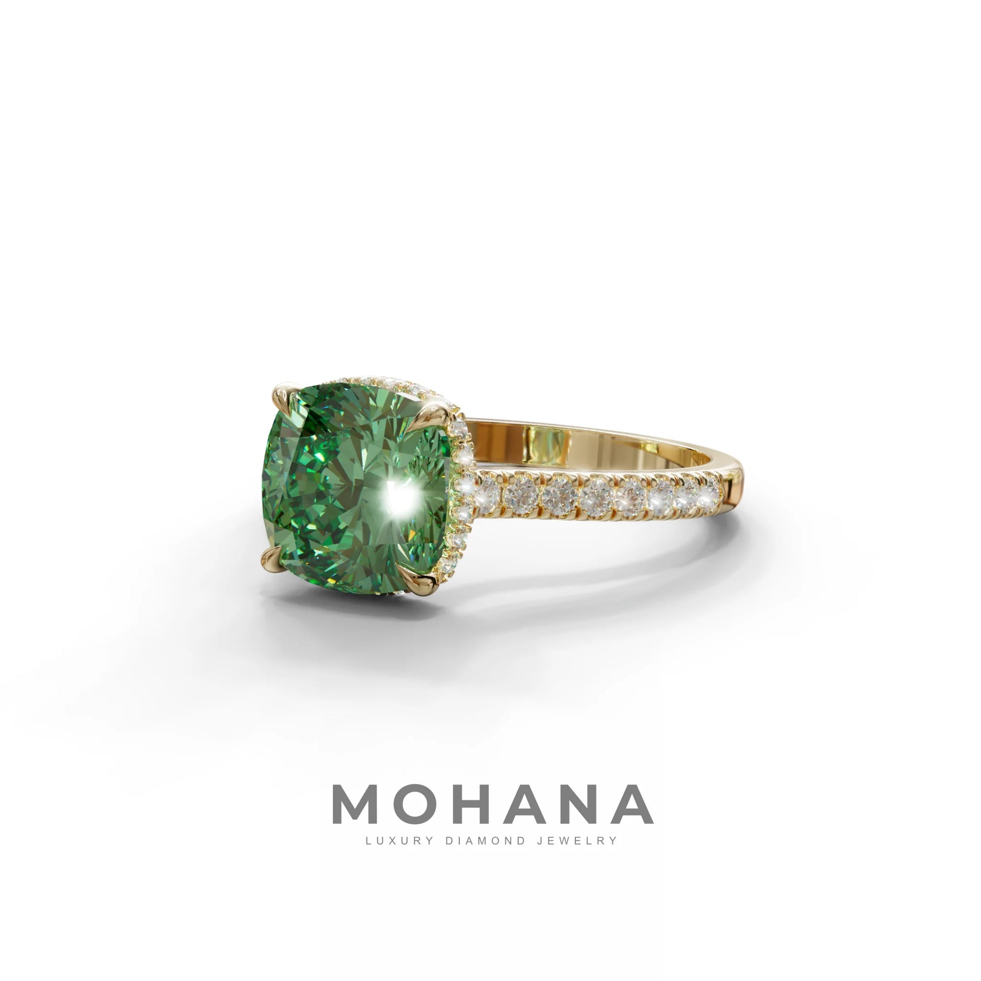2.5 Carat Green Cushion Cut Hidden Halo & Pave Lab Diamond Ring - Éblouissant